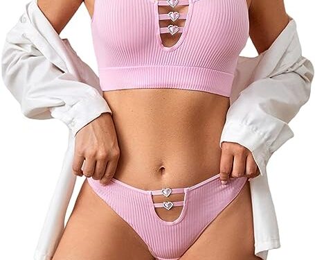 Dewinya 2 Piece Lingerie for Women Sexy Bra and Panty Sets Cute Rhinestone Heart Ring Linked Lingerie Set