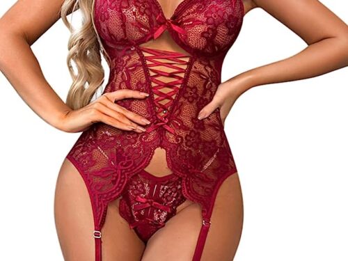 Donnalla Women Sexy Lingerie Set with Garter Belt Lace Bodysuit Teddy with Panty