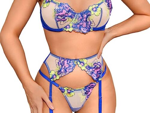Kaei&Shi Floral Embroidered, Underwire, G-String, Garter Belt, 4 Pieces Lingerie