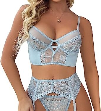 SOLY HUX Sexy Lingerie for Women Naughty 4 Piece Lace Garter Belt Bodydoll Lingerie Set with Stocking Underwire Bra and Panty