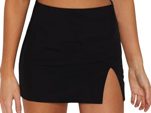 Wrotorea Womens Black Mini Skirt High Waist High Slit Sexy Bodycon Mini Skirt