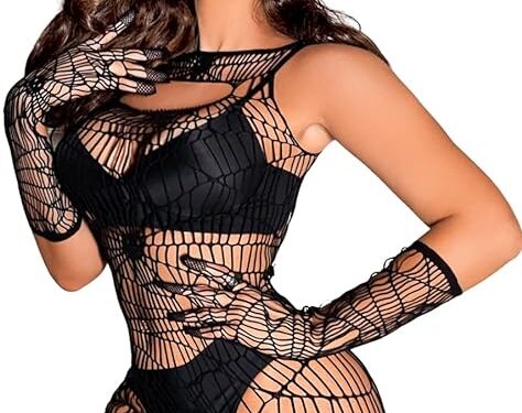EHSUYAB —2Pc Sexy Spiderweb Halloween Costume— Skull Pattern, Gloves Rave Outfit