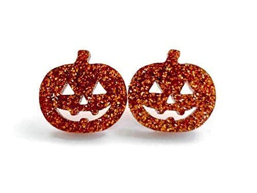 Orange Glitter Jack O Lantern Stud Earrings, Women’s Acrylic Halloween Earrings, Nickel Free