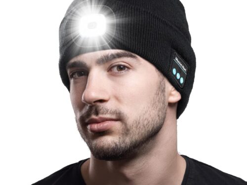 Bluetooth Beanie with Light, Unique Tech Gifts for Men Husband Him Teen, Wireless Headphones for Fishing Jogging Working, Christmas Stocking Stuffers Black