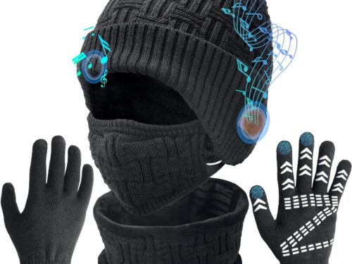 Music Beanie Hat Set – Men’s Winter Hat w/Headphones & Ear Covers + Neck Warmer Scarf + Touchscreen Gloves+ Knit Mask, Unique Birthday Christmas Tech Gifts for Teens Boys Women Gamer Worker
