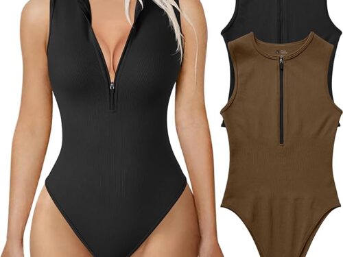 TOB Women’s 2 Piece Bodysuits Sexy Ribbed One Piece Zip Front Sleeveless Tank Tops Bodysuits
