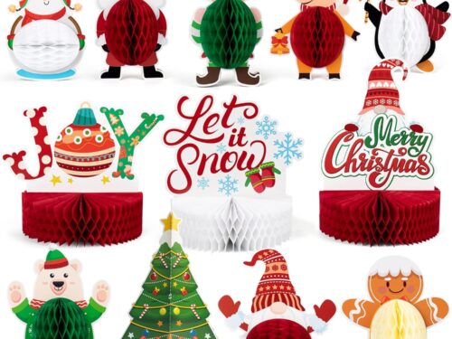 Mocoosy 12 Pack Christmas Party Honeycomb Centerpieces for Xmas Table Decorations, Christmas Center Pieces Table Topper Signs with Gnome Santa Holidays Centerpieces for Christmas Party Supplies Decor